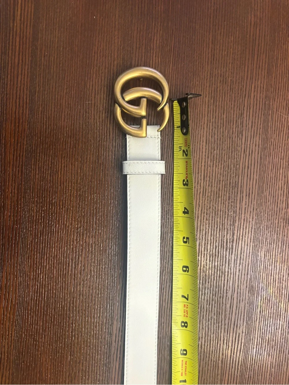 White leather belt with GG gold hardware worn once 36”